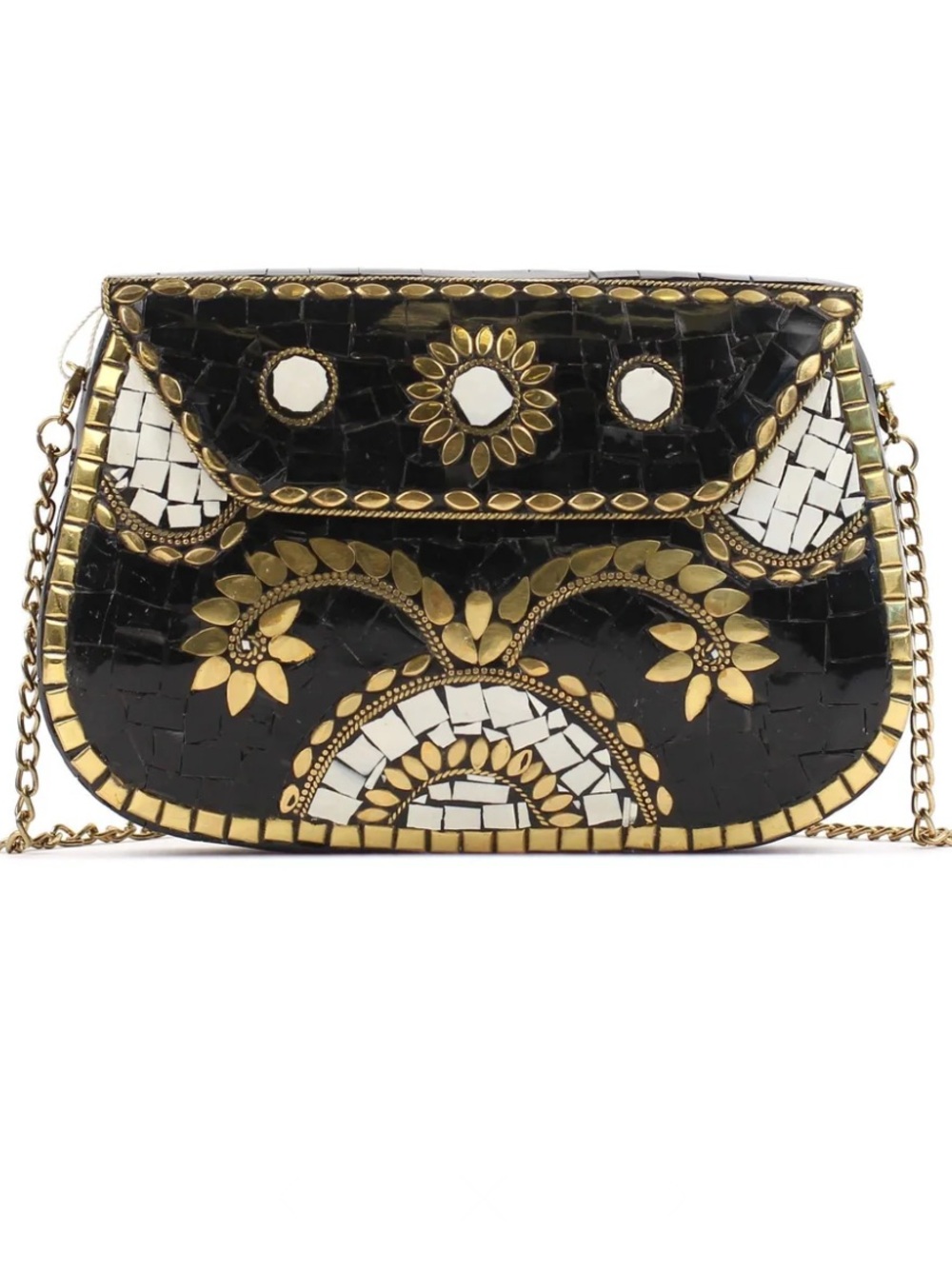Antik Kraft Black and Gold Brass Iron and Clay Mosaic Crossbody Clutch Purse